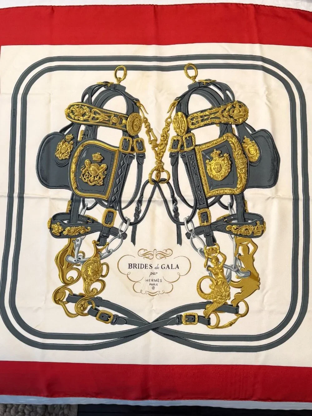 Hermes Red, Cream, Gray & Gold Bridle Print Silk Scarf